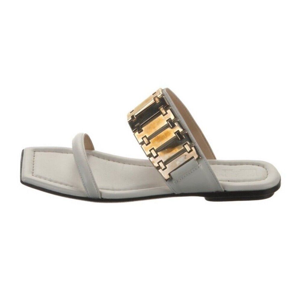 Lanvin White and Gold Leather Slide Sandals
